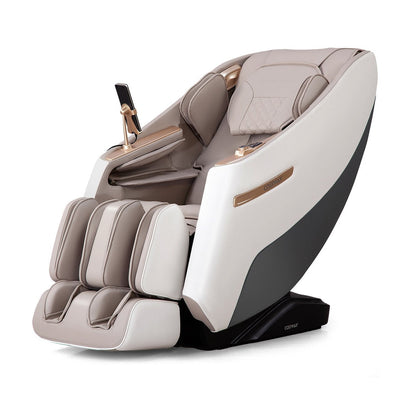 Massage chair with beige and black design on a white background