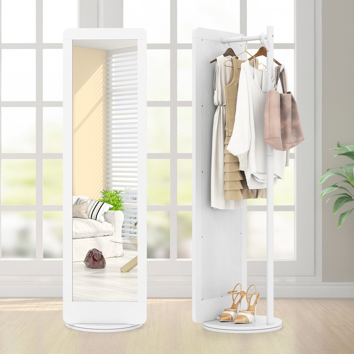 Full Length 2-in-1 Freestanding Dressing Mirror with Coat Rack-White