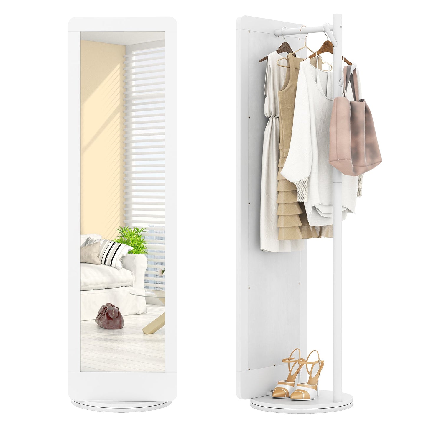 Full Length 2-in-1 Freestanding Dressing Mirror with Coat Rack-White