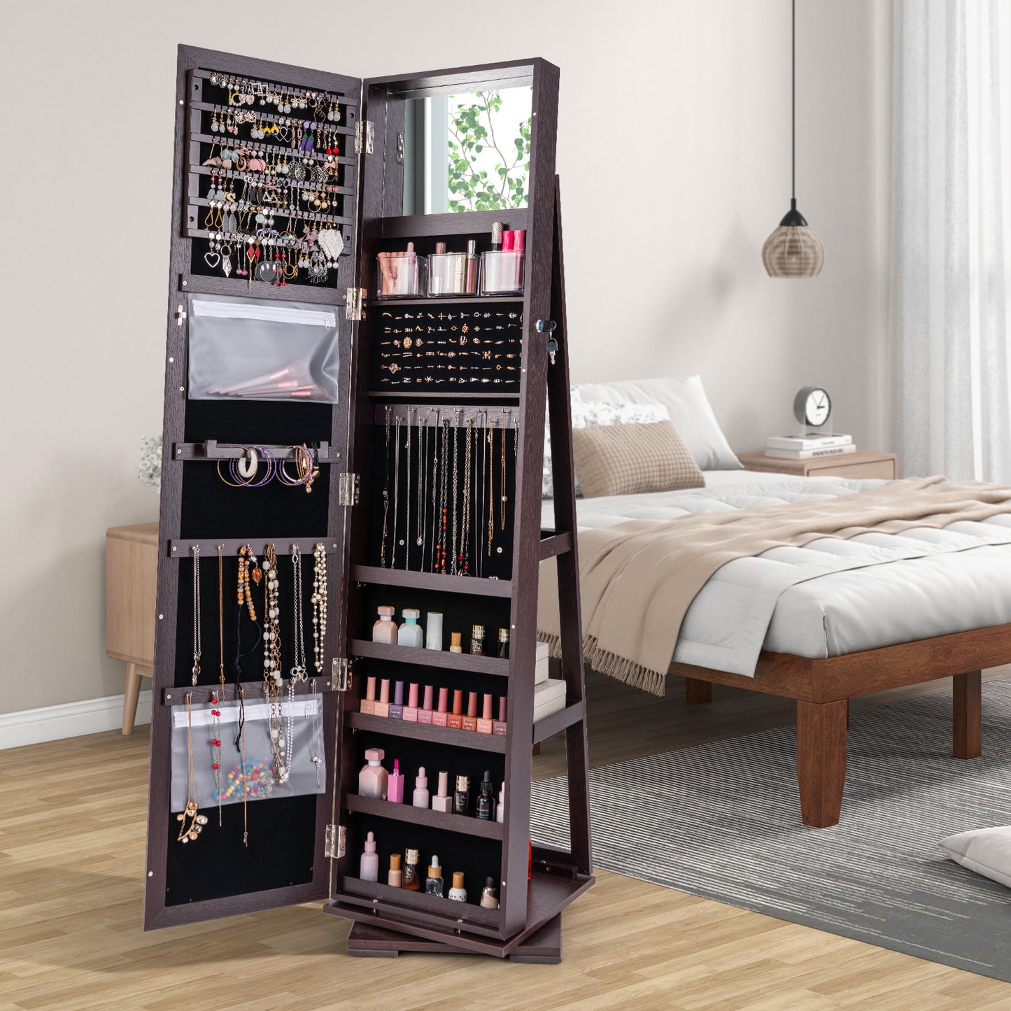 Full Length Mirrored Jewellery Cabinet Rotates 360° with Display Shelves-Coffee