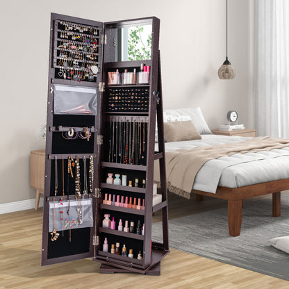Full Length Mirrored Jewellery Cabinet Rotates 360° with Display Shelves-Coffee