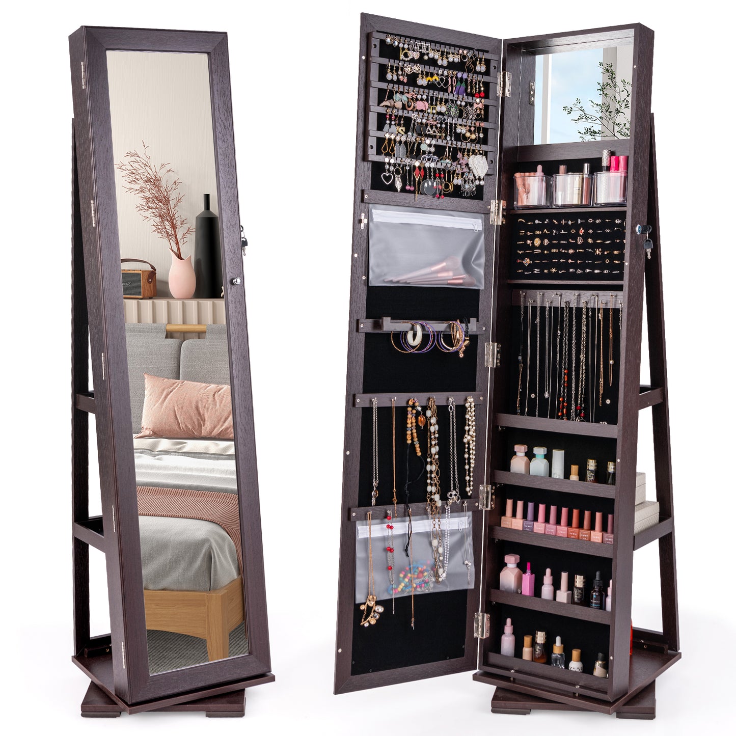 Full Length Mirrored Jewellery Cabinet Rotates 360° with Display Shelves-Coffee