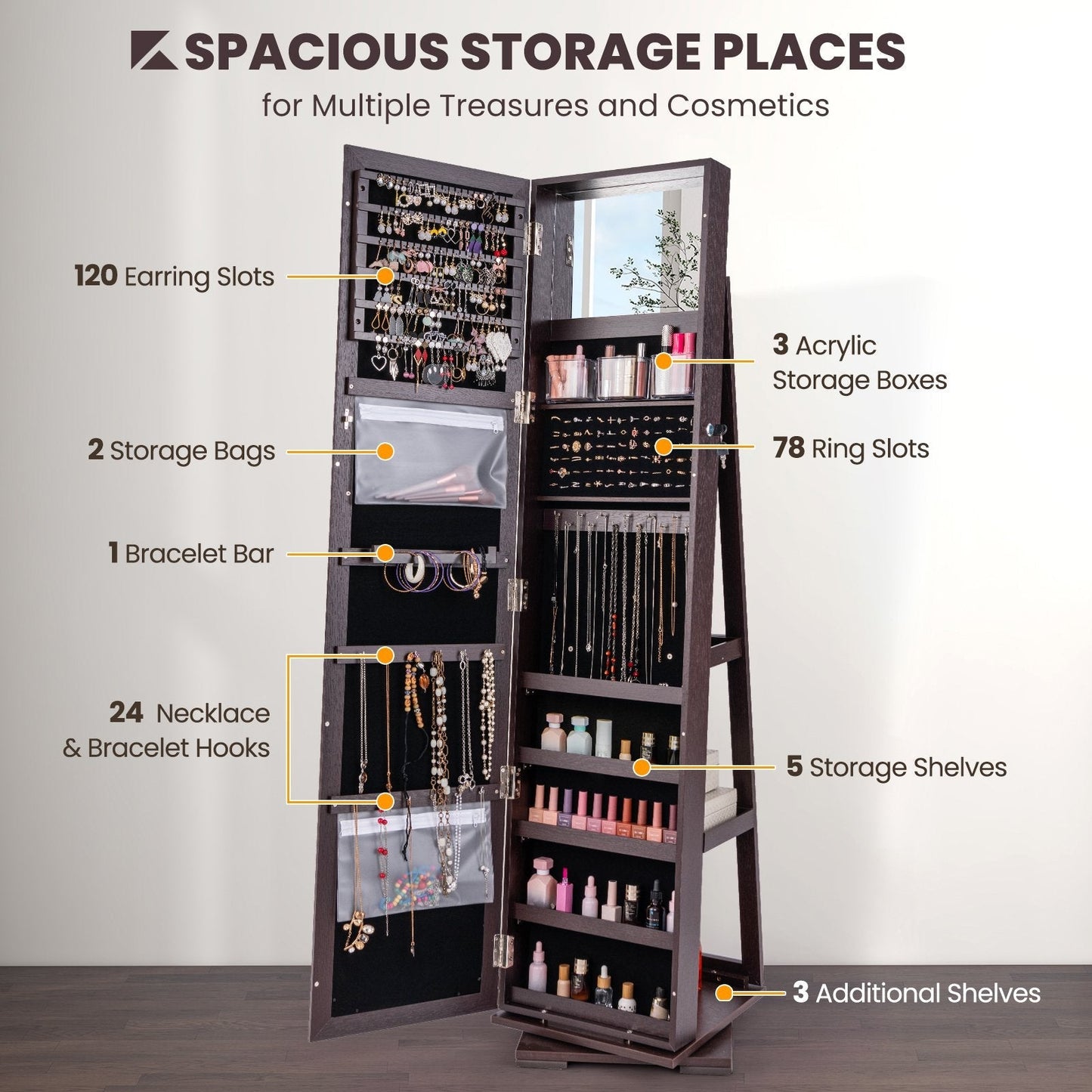 Full Length Mirrored Jewellery Cabinet Rotates 360° with Display Shelves-Coffee