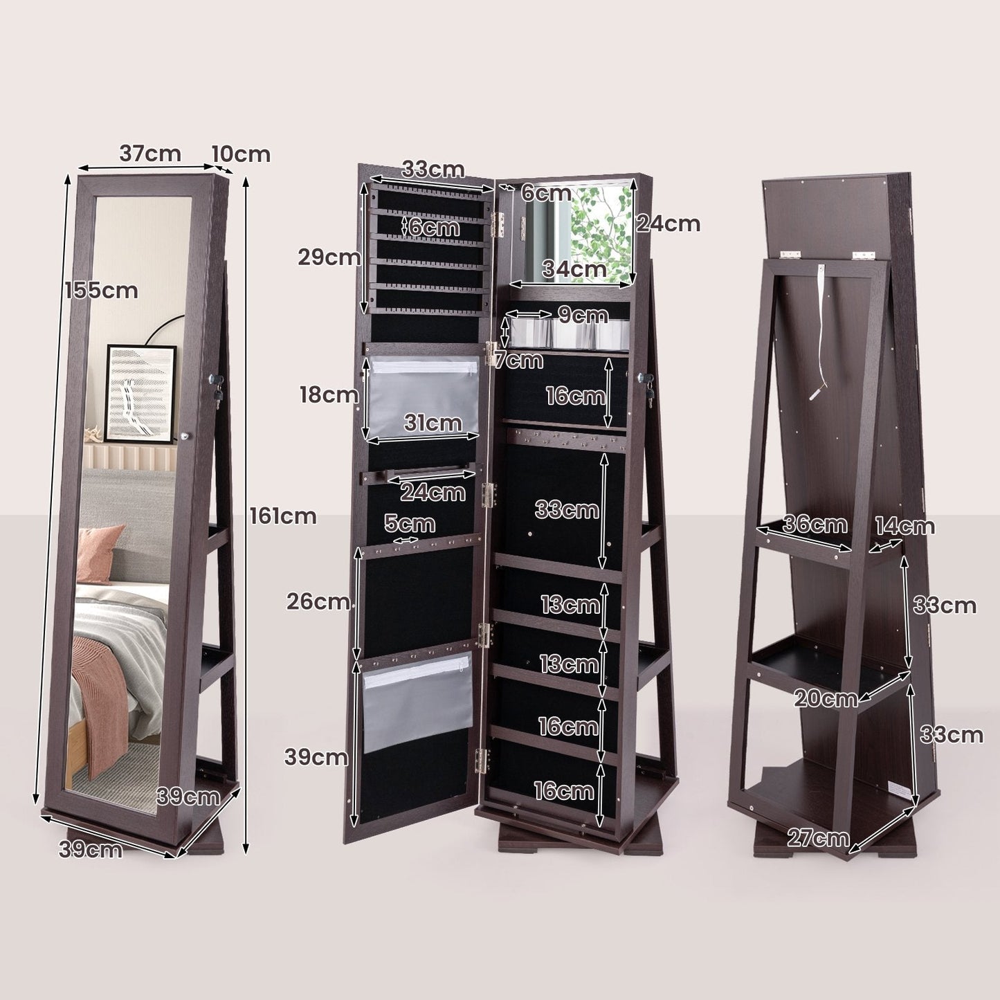 Full Length Mirrored Jewellery Cabinet Rotates 360° with Display Shelves-Coffee