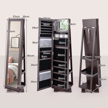 Full Length Mirrored Jewellery Cabinet Rotates 360° with Display Shelves-Coffee