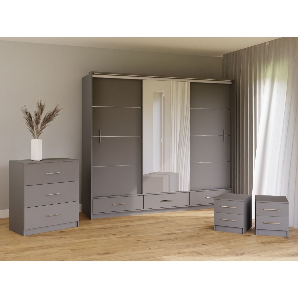 Warrington Bedroom Set Large 250cm Wardrobe, Bedside and Chest - White