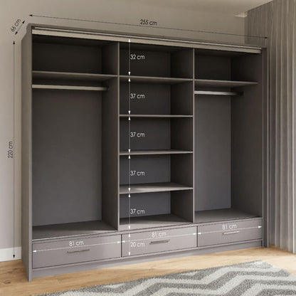 Warrington Bedroom Set Large 250cm Wardrobe, Bedside and Chest - Grey