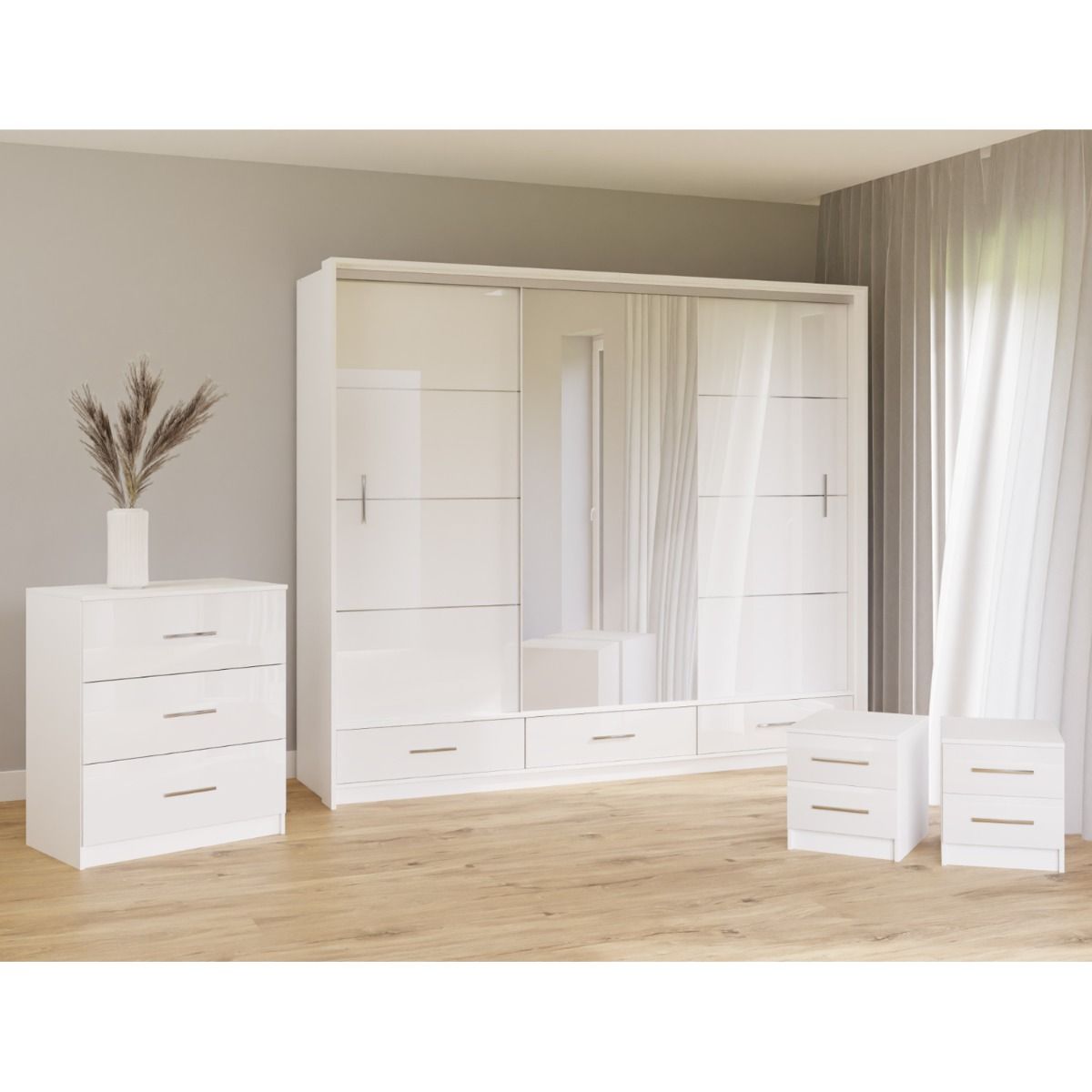 Warrington Bedroom Set Large 250cm Wardrobe, Bedside and Chest - Grey