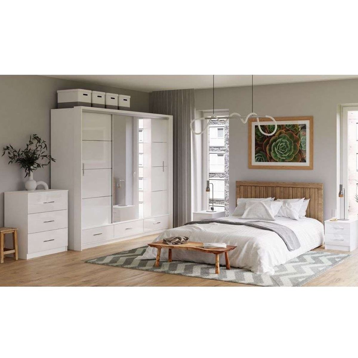 Warrington Bedroom Set Large 250cm Wardrobe, Bedside and Chest - White