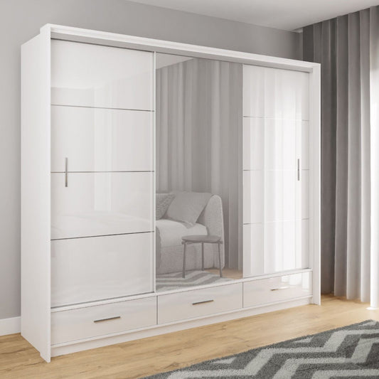 Warrington Sliding Door 255cm Mirror Wardrobe with 3 Drawers - White