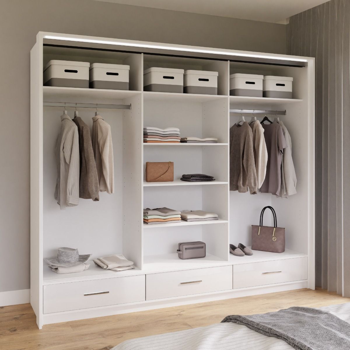 Warrington Bedroom Set Large 250cm Wardrobe, Bedside and Chest - White