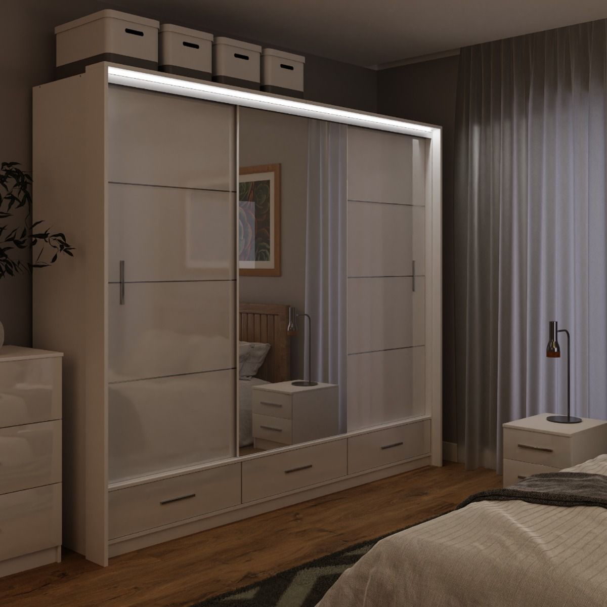 Warrington Bedroom Set Large 250cm Wardrobe, Bedside and Chest - White