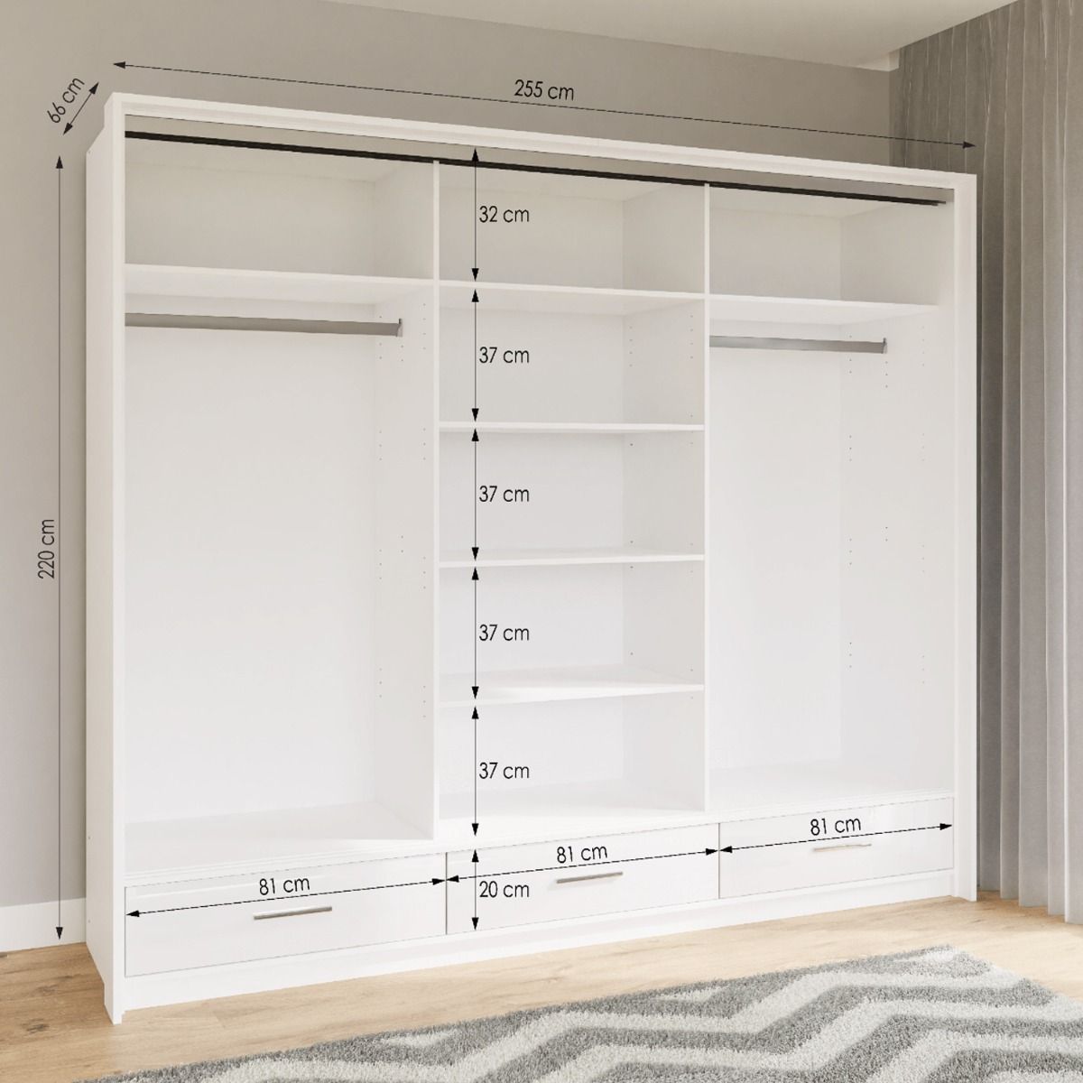 Warrington Bedroom Set Large 250cm Wardrobe, Bedside and Chest - White