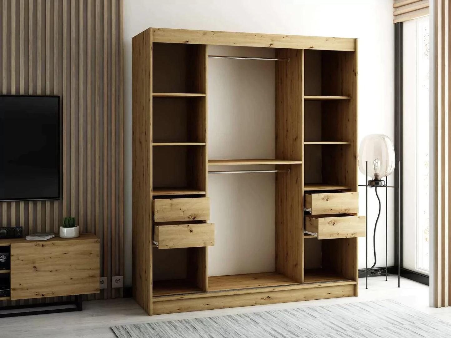 Gloucester II 180cm Sliding Door Wardrobe with Mirror - White, Black, Artisan Oak