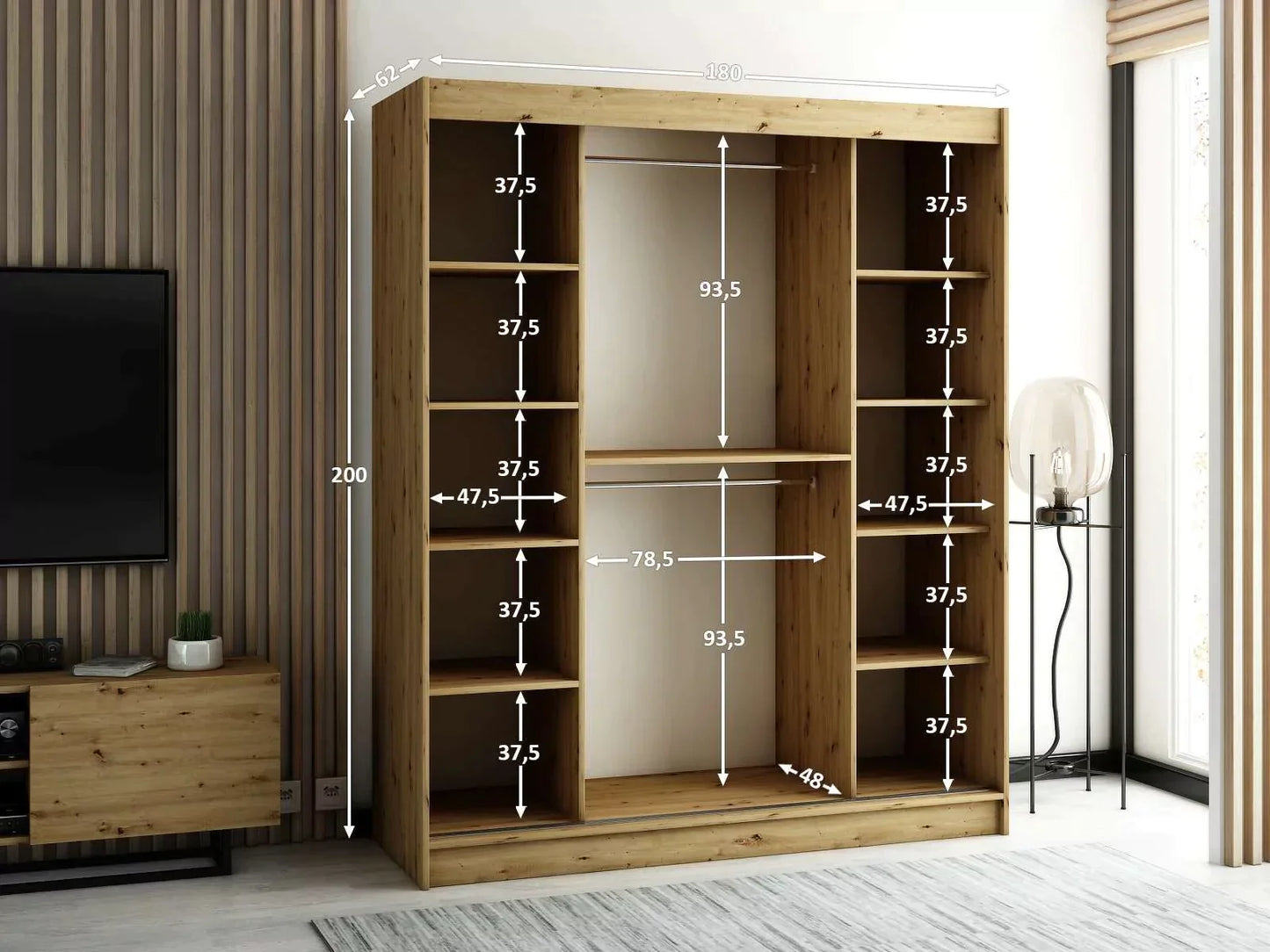 Gloucester II 180cm Sliding Door Wardrobe with Mirror - Artisan Oak, White, Black