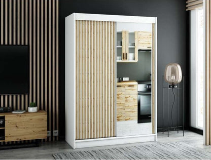 Gloucester II 150cm Sliding Door Wardrobe with Mirror - Artisan Oak, Black, White