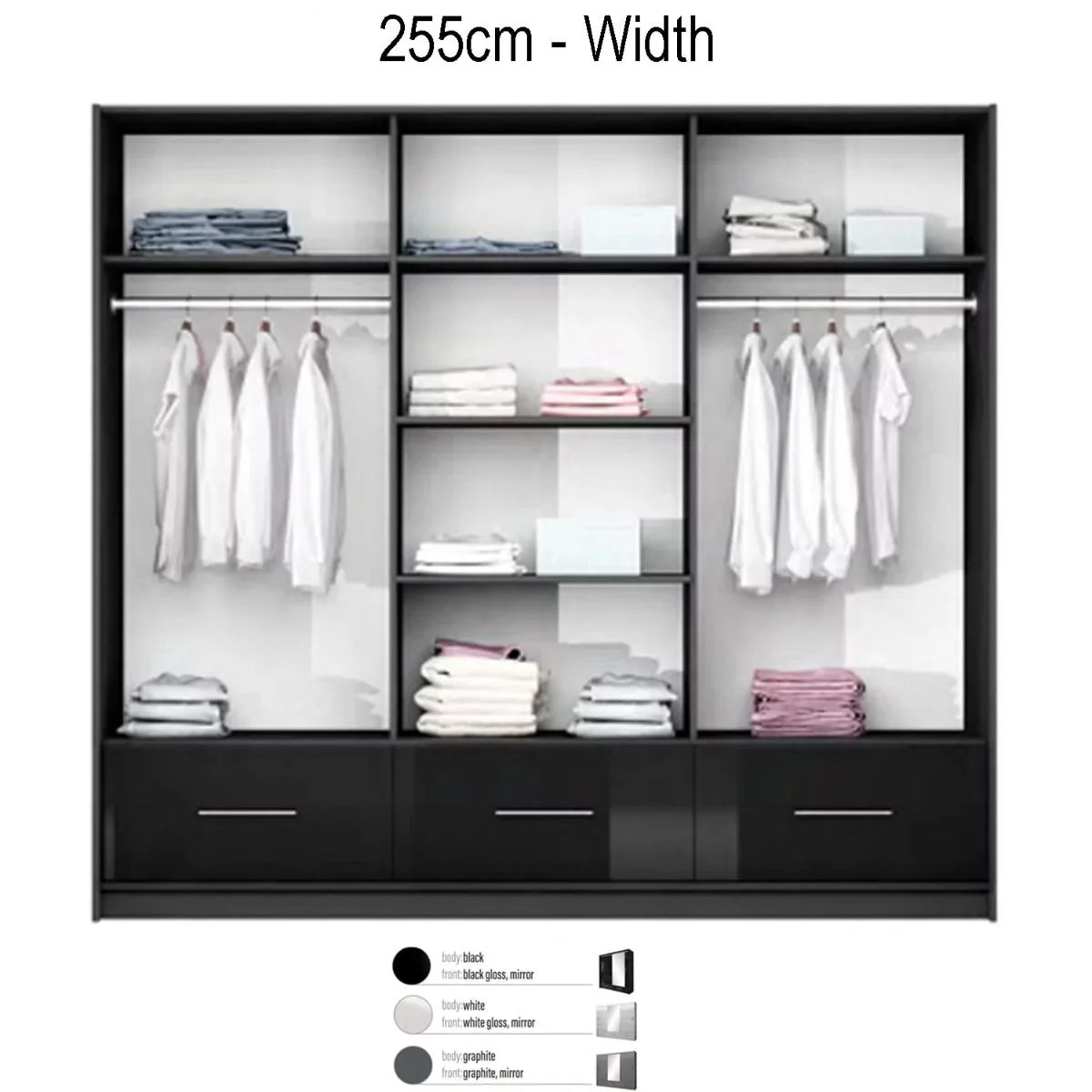 Warrington Bedroom Set Large 250cm Wardrobe, Bedside and Chest - White