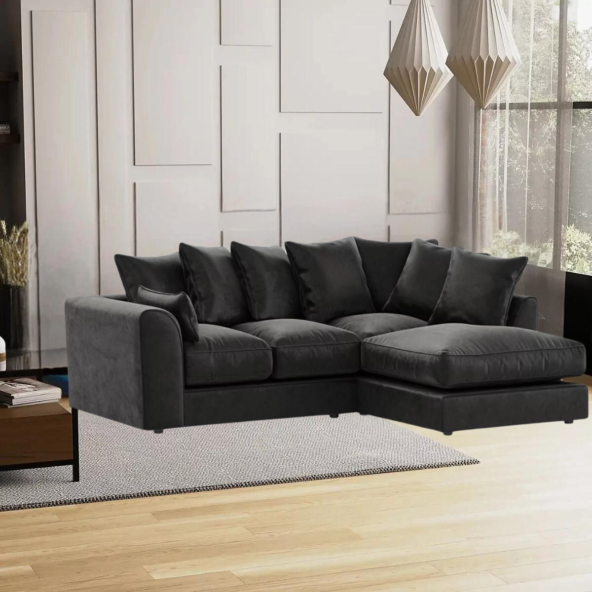 Bracknell Plush Black Velvet Corner Sofa - Left and Right Arm