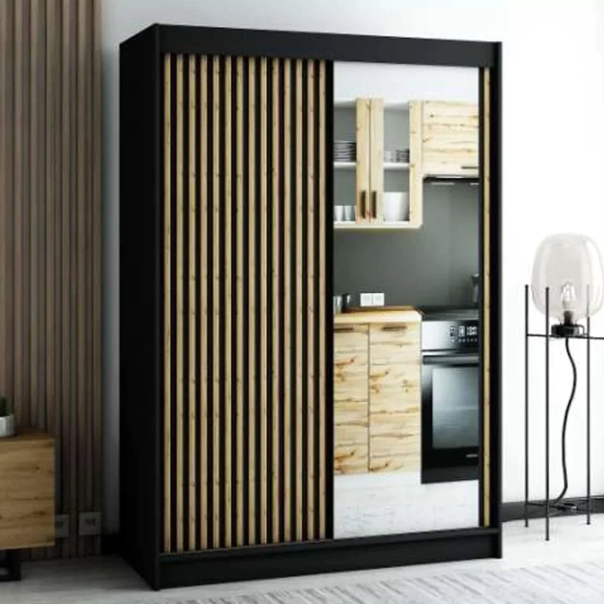 Gloucester II 150cm Sliding Door Wardrobe with Mirror - Black, Artisan Oak, White