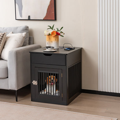 Furniture Style Dog Crate with Wired and Wireless Charging-Black