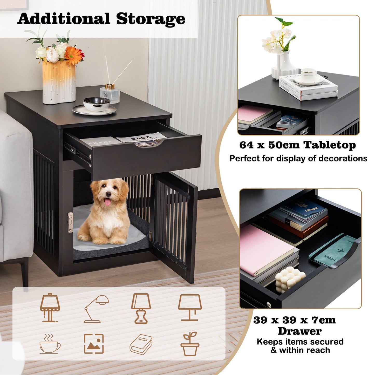 Furniture Style Dog Crate with Wired and Wireless Charging-Black