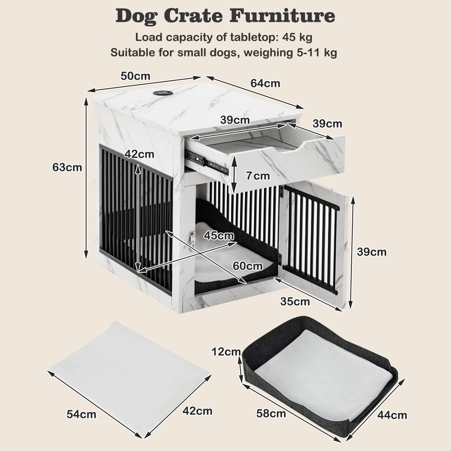 Furniture Style Dog Crate with Wired and Wireless Charging-White