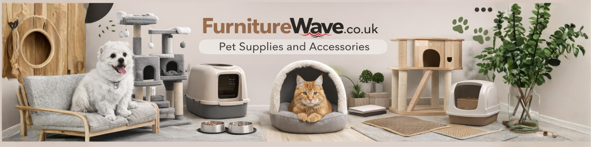 FurnitureWave.co.uk banner with pet supplies and accessories including a cat tree, pet beds, and a dog.