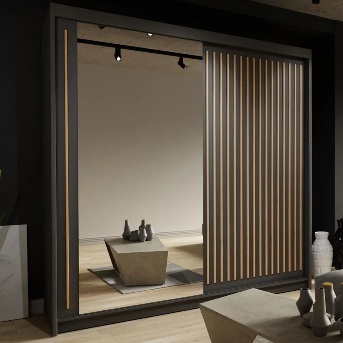 Zeus Sliding Door Wardrobe Available in Oak,Grey,White or Black 203 cm