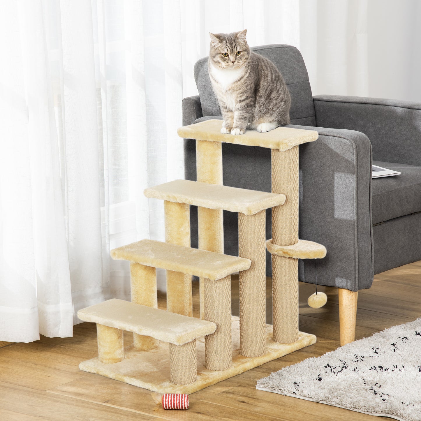 PawHut 4-step Pet Stairs with Scratching Posts, Platforms, Toy Ball, Beige