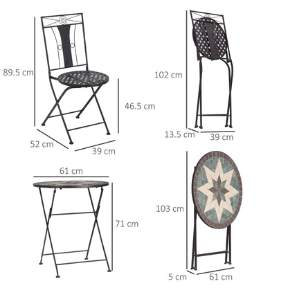 Outsunny 3-Piece Patio Bistro Set, Mosaic Table and 2 Armless Chairs with Foldable Design, Metal Frame for Garden, Poolside, Coffee