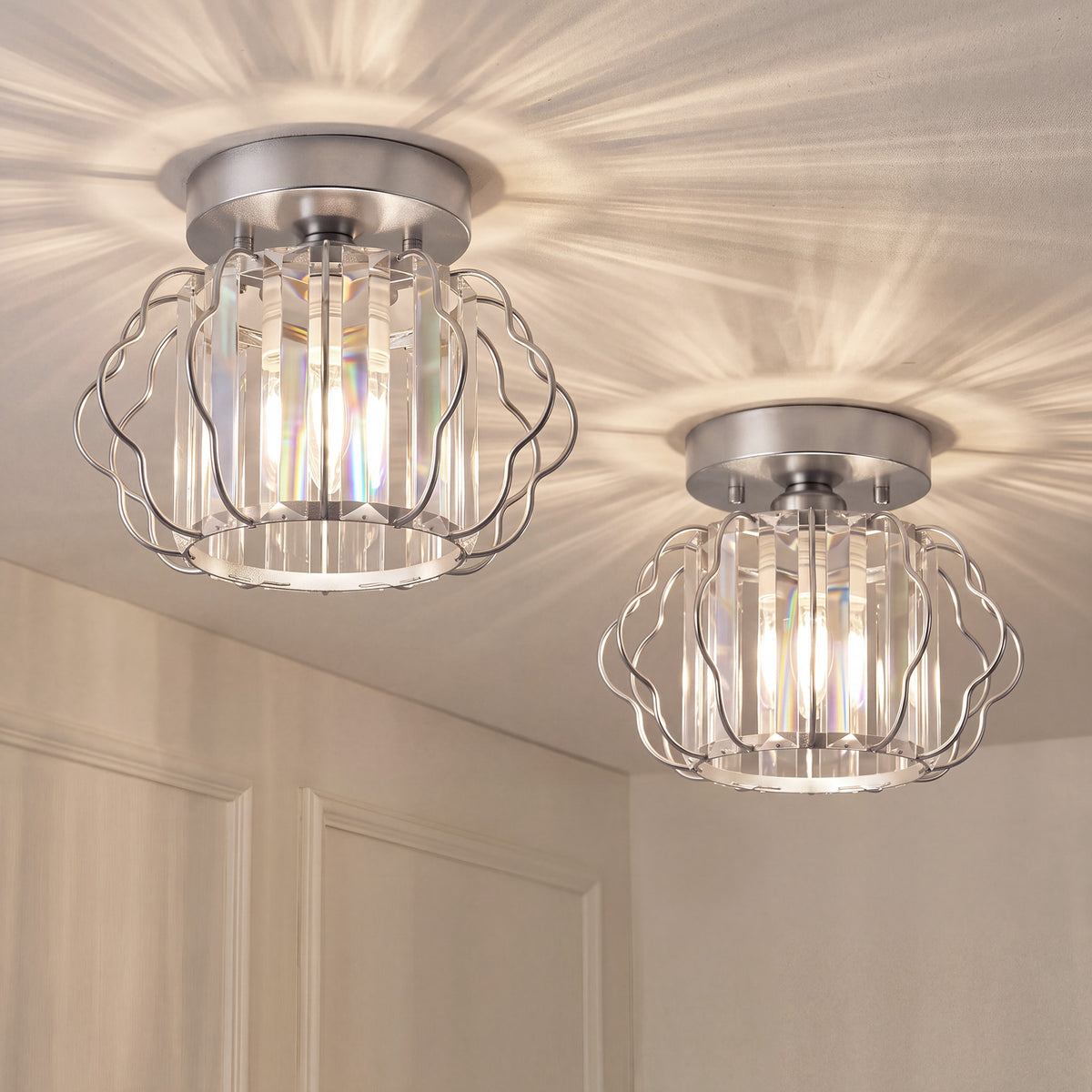 HOMCOM Crystal Ceiling Light Fixtures, Modern Semi-Flush Ceiling Lighting with Crystal Strips, 2 Pack, Silver Tone