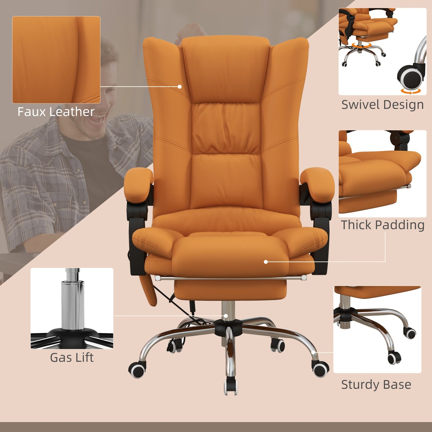 Vinsetto Office Chair, Ergonomic Desk Chair with 4-Point Vibration Massage and Lumbar Heating, PU Leather Computer Chair with 135¡ Reclining Back and Footrest, Orange