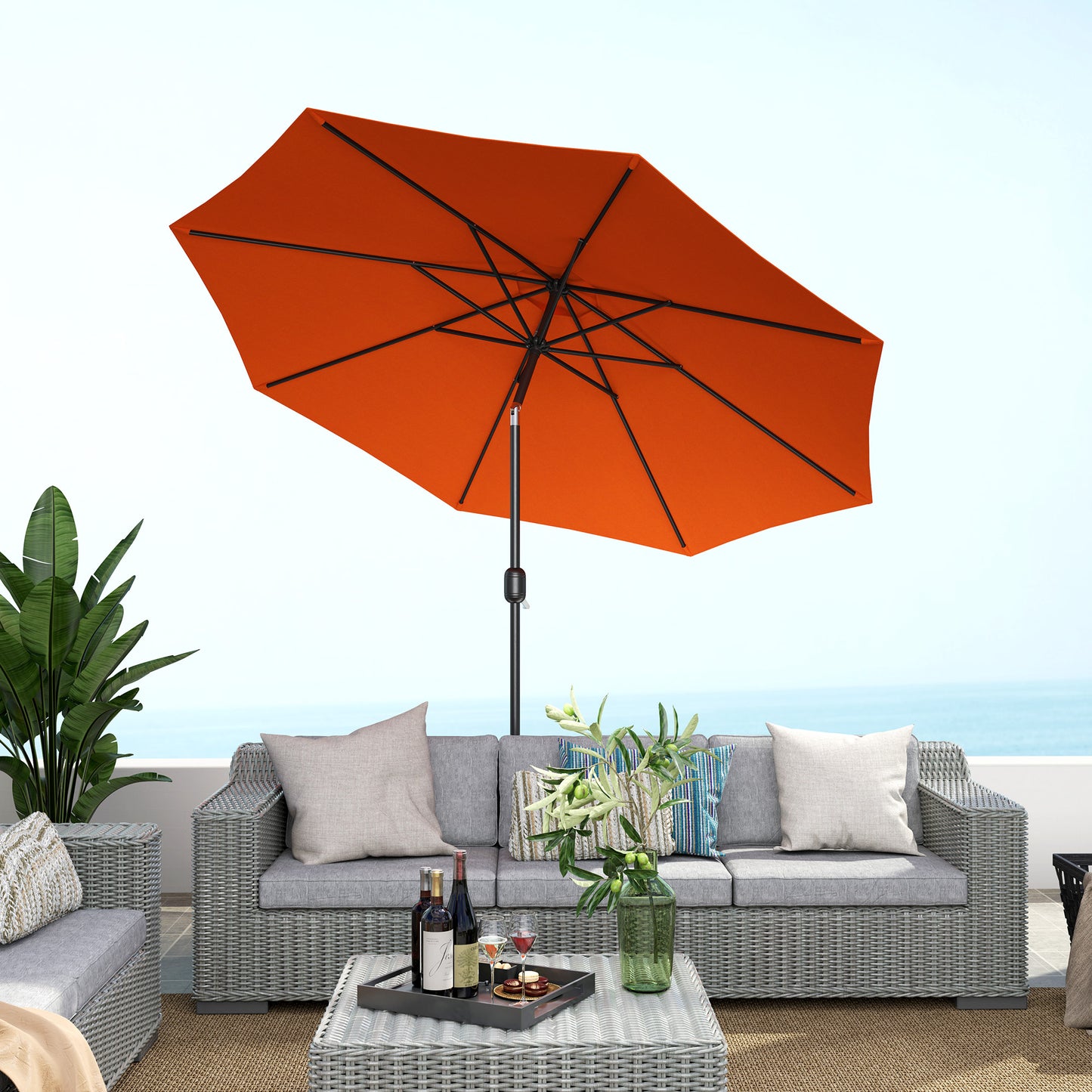 Outsunny 3 m Parasol ogrodowy, zewnętrzny parasol przeciwsłoneczny z 8 żebrami, uchwytem uchylnym i korbowym na balkon, ławka, ogród, pomarańczowy