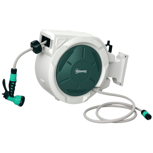 Outsunny Retractable Hose Reel Wall Mounted, 30+2m Garden Hose Pipe Reel with Lock, Auto Rewind, 7 in 1 Spray Nozzle, Includes Wall Fixings, 180 Swivel, Outdoor Watering, Grey