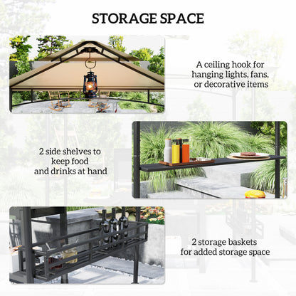 Outsunny 8' x 5' Grill Gazebo Canopy, dwupoziomowa zewnętrzna altana BBQ z 2 bocznymi półkami, kosze do przechowywania, hak do ogrodu, na patio, na grilla, na piknik, beżowy