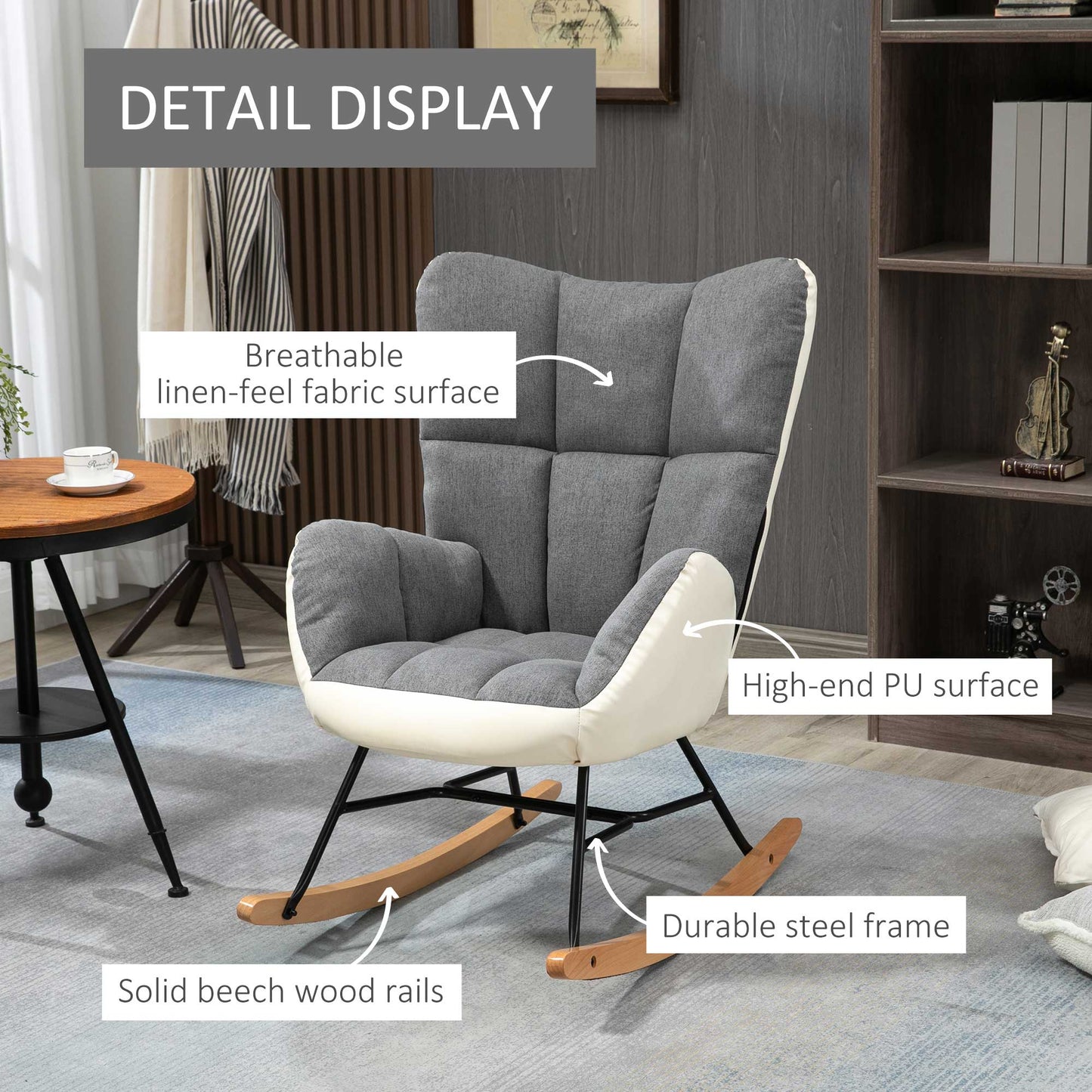 Rocking Chair for Nursery, Upholstered Wingback Armchair with Steel and Wood Legs for Living Room, Bedroom, Balcony, Grey and Cream