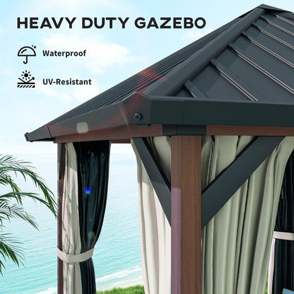 Outsunny 3 x 3(m) Hardtop Gazebo with Galvanised Steel Roof and Water Gutter, Waterproof Permanent Pavilion Garden Gazebo with Netting and Curtains for Patio, Deck, Walnut Wood Finish