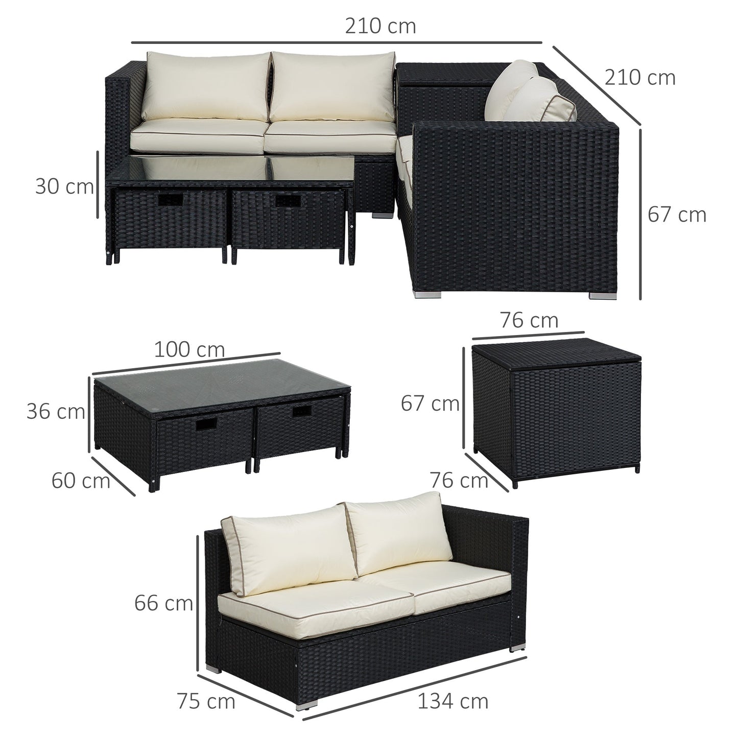 Outsunny 4 Pcs Rattan Wicker Garden Furniture Patio Sofa Storage & Table Set w/ 2 Drawers Coffee Table,Great Cushioned 4 Seats Corner Sofa - Black