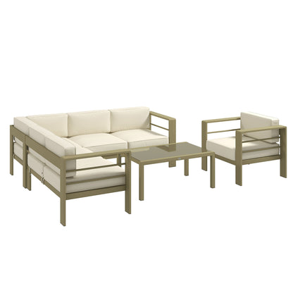 5-Piece Garden Sofa Set W/ Cushions, Aluminium Furniture Set With Glass Top Coffee Table, Patio Sectional Furniture Set, for Patio & Deck, Gold Tone