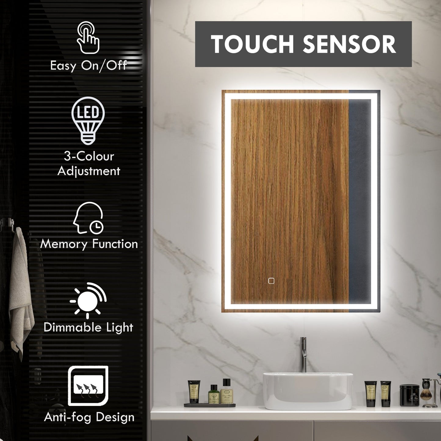 مرآة حمام HOMCOM مقاس 70 × 50 سم مزودة بإضاءة LED، ومرآة مكياج قابلة للتعتيم، ومرآة زينة بثلاثة ألوان، وخاصية اللمس الذكي، ومضادة للضباب