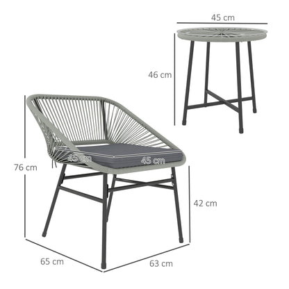 Outsunny 3 Pieces Rattan Bistro Set, Wicker Small Garden Table and Chairs Set with Cushions and Glass Top Coffee Table, Bistro Garden Furniture Set for Outdoor, Patio, Balcony, Light Grey