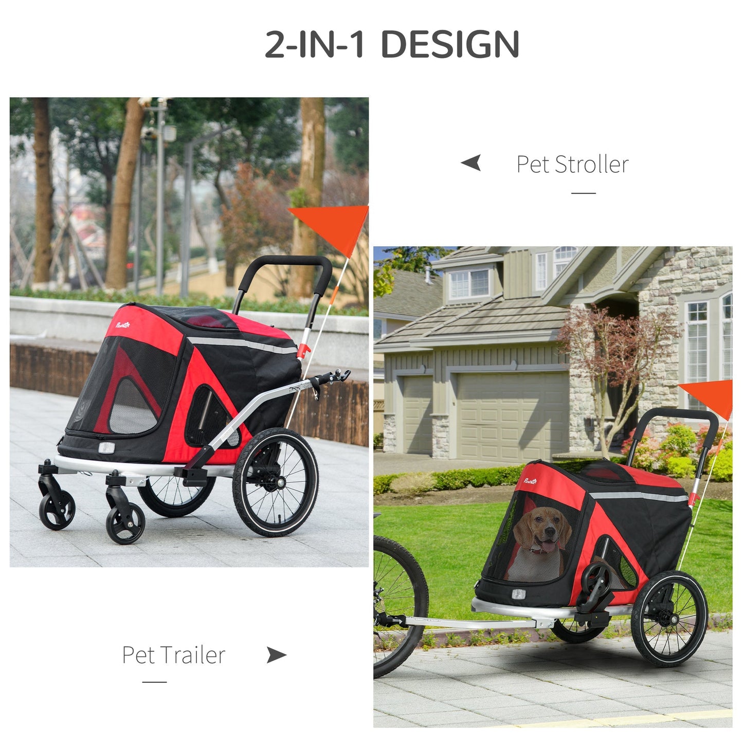 PawHut 2 in 1 Aluminium Foldable Dog Bike Trailer, Pet Stroller, for Medium Dogs - Red