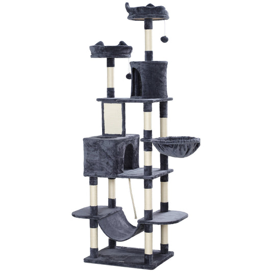 PawHut 206cm Cat Tree, Multi-Level Cat Tower with Scratching Posts and Board, Beds, Condos, Platforms, Toy Balls, Dark Grey