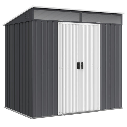 Outsunny 6,5 x 4FT ocynkowana metalowa szopa z zestawem fundamentowym, zamykana szopa ogrodowa na narzędzia z podwójnymi przesuwanymi drzwiami, otwory wentylacyjne, szara