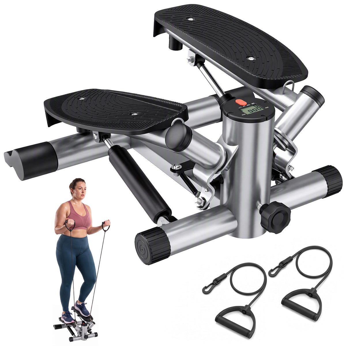 HOMCOM Mini Stepper Step Machine with Resistance Bands for Leg Arm Full Body Training Fitness Stair Stepper