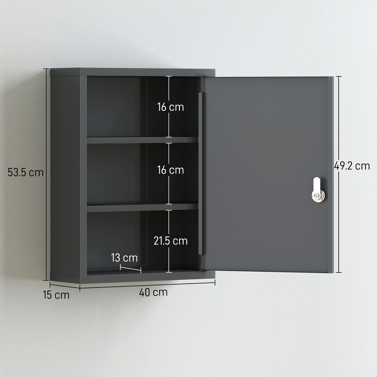 kleankin Locking Medicine Cabinet, First Aid Cabinet with Storage Shelves, with Lock and 2 Keys 53.5 x 40 x 15 cm, Smoke Grey