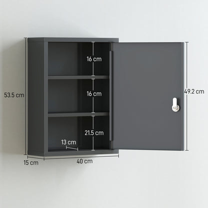 kleankin Locking Medicine Cabinet, First Aid Cabinet with Storage Shelves, with Lock and 2 Keys 53.5 x 40 x 15 cm, Smoke Grey
