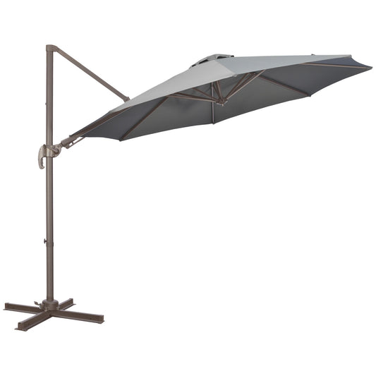 Outsunny 3(m) Cantilever Parasol 360 Rotation Roma Umbrella Hanging Sun Shade with Aluminium Frame, Tilt Crank, 8 Ribs and Cross Base, Dark Grey