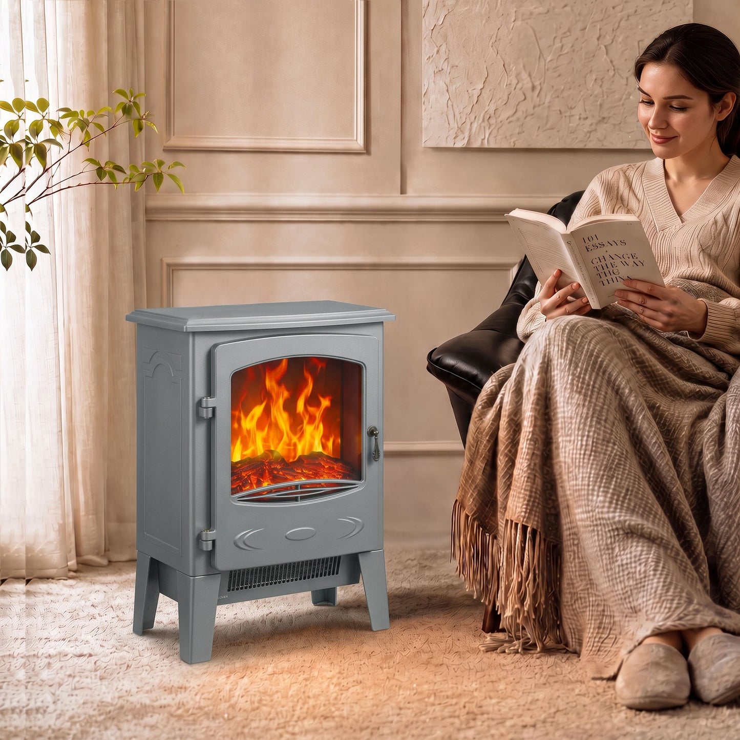 HOMCOM Electric Fireplace, Freestanding Electric Fire with Realistic Flame Effect, Log Burner, 1000W/ 2000W, Grey