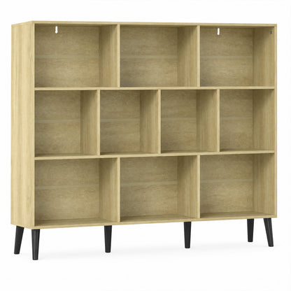 HOMCOM 10-Cube Bookcase, 3-Tier Book Shelf with Solid Wood Legs, 140 cm Modern Bookshelf with Anti-Tip Kit, Oak
